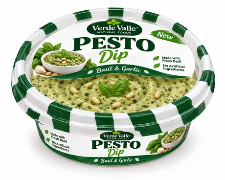 Retail pesto dip cup filled and sealed by the SDH-R machine