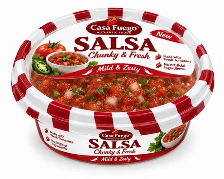 Retail salsa cup filled and sealed by the SDH-R machine
